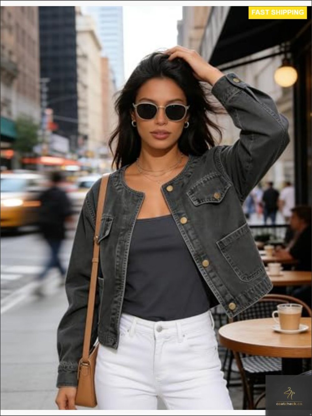 Cropped Denim Jacket with Pockets Long Sleeve Button Down Classic Western Y2K - Picture 2 of 7